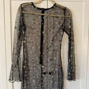 Beginning Boutique Sheer Star Mesh Mini Dress Black Long Sleeve Festival